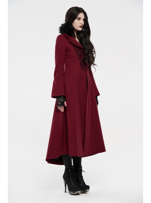 Fur Collar Front Embroidery Black Gem Pendant Long Sleeve Back Waist Lace-Up Red Gothic Long Wool Coat