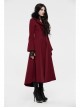 Fur Collar Front Embroidery Black Gem Pendant Long Sleeve Back Waist Lace-Up Red Gothic Long Wool Coat