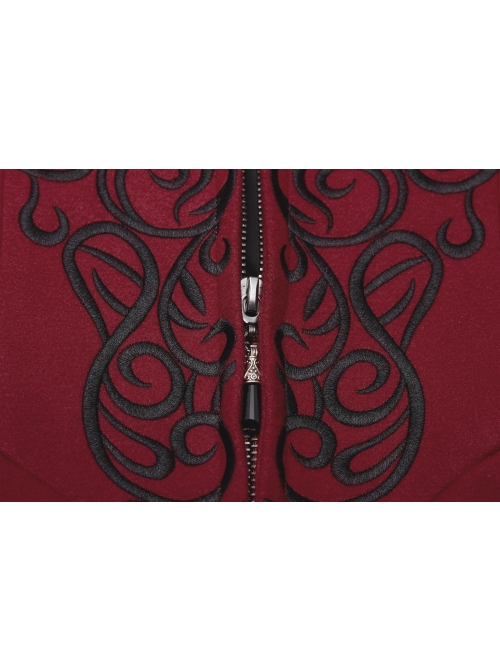 Fur Collar Front Embroidery Black Gem Pendant Long Sleeve Back Waist Lace-Up Red Gothic Long Wool Coat