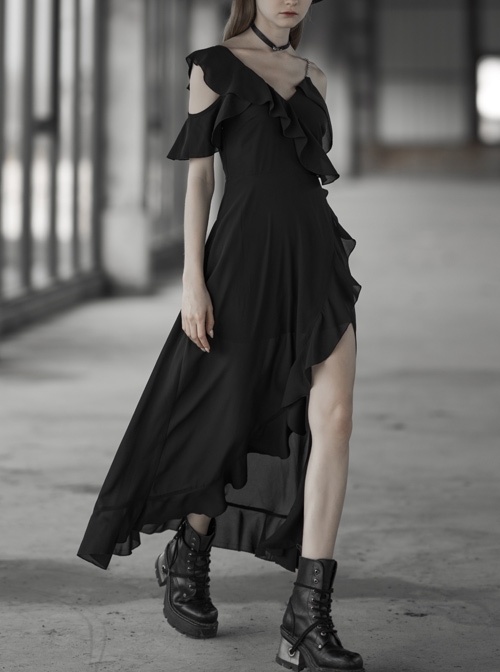 Punk Female Dark Lotus Leaf Irregular Hem Off-the-shoulder Chiffon Long Dress