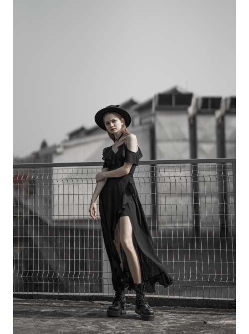 Punk Female Dark Lotus Leaf Irregular Hem Off-the-shoulder Chiffon Long Dress