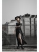 Punk Female Dark Lotus Leaf Irregular Hem Off-the-shoulder Chiffon Long Dress