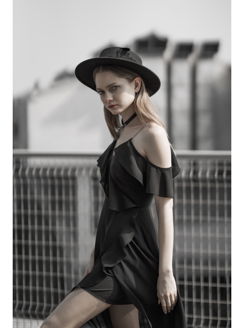 Punk Female Dark Lotus Leaf Irregular Hem Off-the-shoulder Chiffon Long Dress
