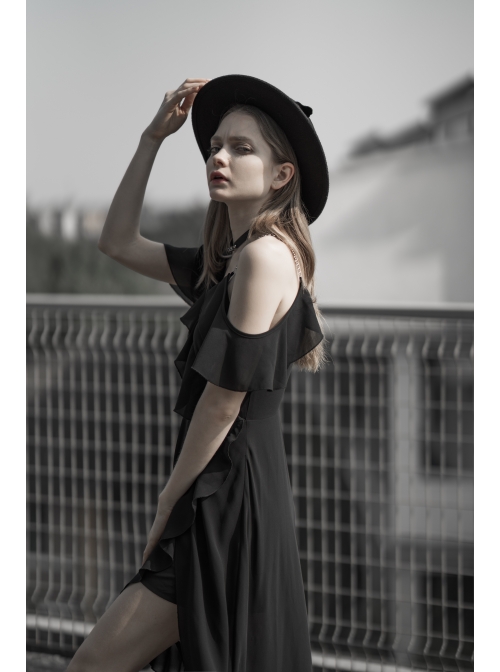 Punk Female Dark Lotus Leaf Irregular Hem Off-the-shoulder Chiffon Long Dress