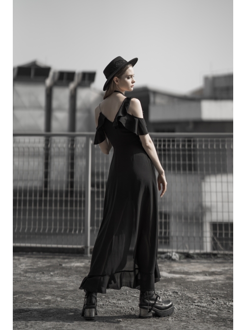 Punk Female Dark Lotus Leaf Irregular Hem Off-the-shoulder Chiffon Long Dress