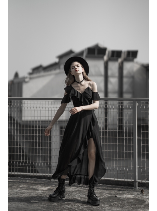 Punk Female Dark Lotus Leaf Irregular Hem Off-the-shoulder Chiffon Long Dress