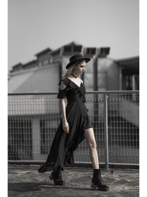 Punk Female Dark Lotus Leaf Irregular Hem Off-the-shoulder Chiffon Long Dress