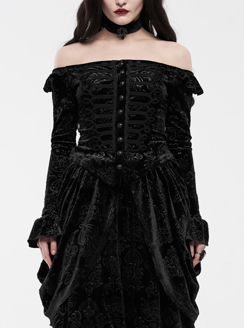 One-Work Collar Gem Choker Long Sleeve Flare Cuff Back Waist Lace-Up Black Gothic Embossed Velvet Blouse