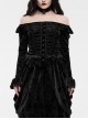 One-Work Collar Gem Choker Long Sleeve Flare Cuff Back Waist Lace-Up Black Gothic Embossed Velvet Blouse