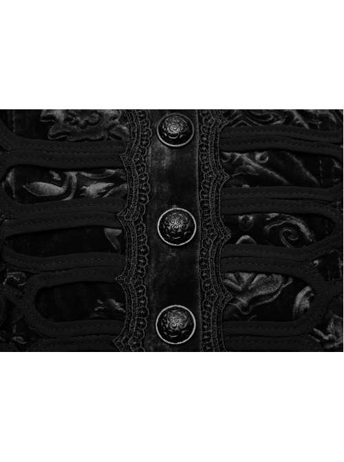 One-Work Collar Gem Choker Long Sleeve Flare Cuff Back Waist Lace-Up Black Gothic Embossed Velvet Blouse