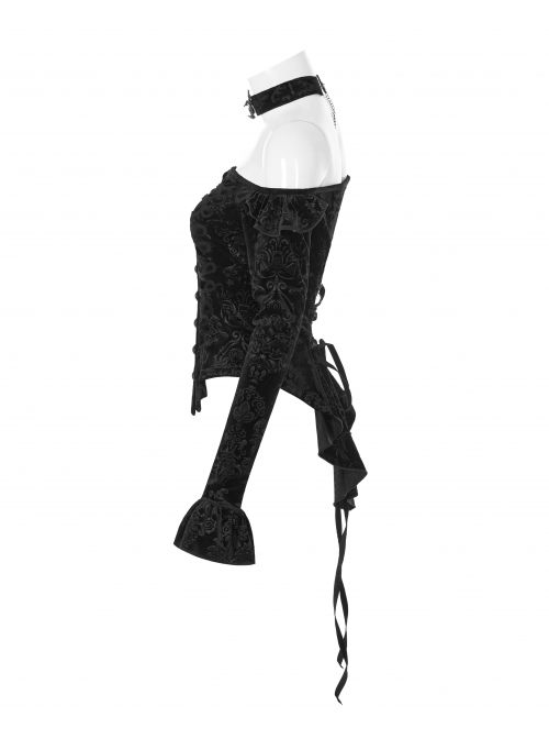 One-Work Collar Gem Choker Long Sleeve Flare Cuff Back Waist Lace-Up Black Gothic Embossed Velvet Blouse