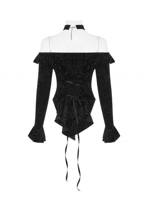 One-Work Collar Gem Choker Long Sleeve Flare Cuff Back Waist Lace-Up Black Gothic Embossed Velvet Blouse