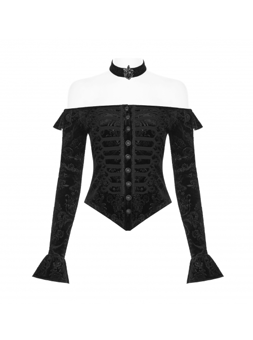 One-Work Collar Gem Choker Long Sleeve Flare Cuff Back Waist Lace-Up Black Gothic Embossed Velvet Blouse