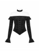 One-Work Collar Gem Choker Long Sleeve Flare Cuff Back Waist Lace-Up Black Gothic Embossed Velvet Blouse