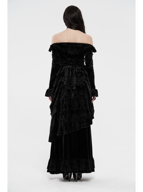 One-Work Collar Gem Choker Long Sleeve Flare Cuff Back Waist Lace-Up Black Gothic Embossed Velvet Blouse