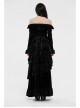 One-Work Collar Gem Choker Long Sleeve Flare Cuff Back Waist Lace-Up Black Gothic Embossed Velvet Blouse