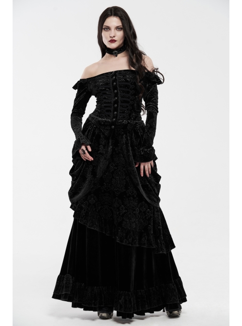One-Work Collar Gem Choker Long Sleeve Flare Cuff Back Waist Lace-Up Black Gothic Embossed Velvet Blouse