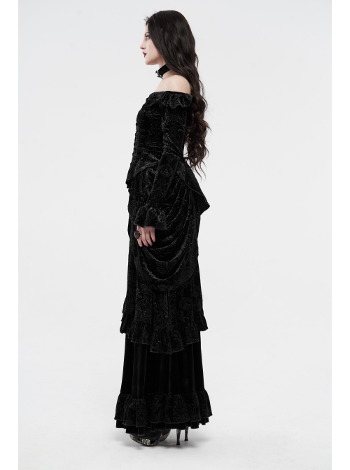 One-Work Collar Gem Choker Long Sleeve Flare Cuff Back Waist Lace-Up Black Gothic Embossed Velvet Blouse