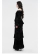 One-Work Collar Gem Choker Long Sleeve Flare Cuff Back Waist Lace-Up Black Gothic Embossed Velvet Blouse