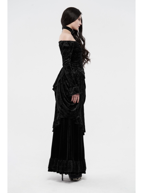 One-Work Collar Gem Choker Long Sleeve Flare Cuff Back Waist Lace-Up Black Gothic Embossed Velvet Blouse