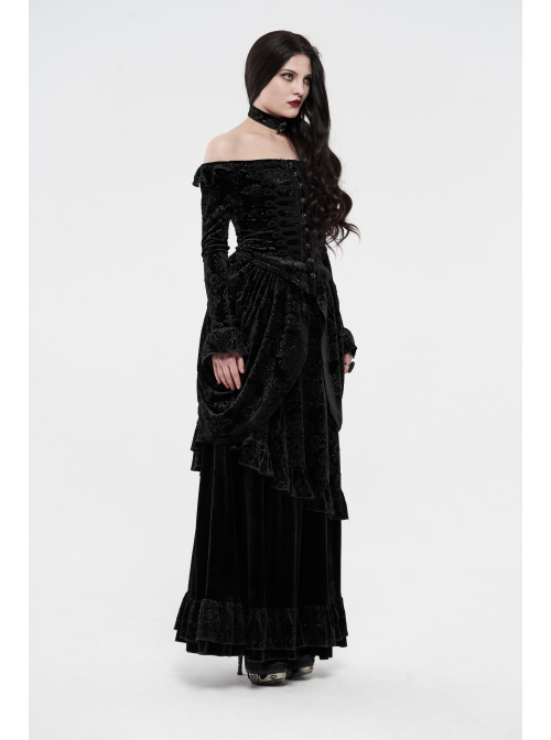 One-Work Collar Gem Choker Long Sleeve Flare Cuff Back Waist Lace-Up Black Gothic Embossed Velvet Blouse