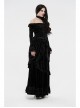 One-Work Collar Gem Choker Long Sleeve Flare Cuff Back Waist Lace-Up Black Gothic Embossed Velvet Blouse