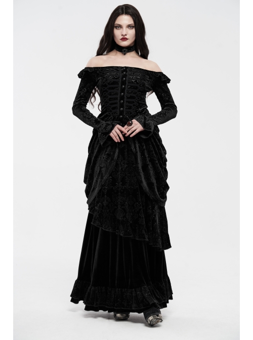 One-Work Collar Gem Choker Long Sleeve Flare Cuff Back Waist Lace-Up Black Gothic Embossed Velvet Blouse