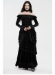 One-Work Collar Gem Choker Long Sleeve Flare Cuff Back Waist Lace-Up Black Gothic Embossed Velvet Blouse