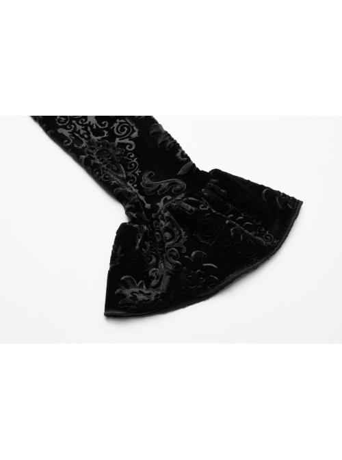 One-Work Collar Gem Choker Long Sleeve Flare Cuff Back Waist Lace-Up Black Gothic Embossed Velvet Blouse