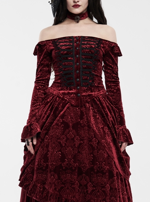 One-Work Collar Gem Choker Long Sleeve Flare Cuff Back Waist Lace-Up Wine Red Gothic Embossed Velvet Blouse