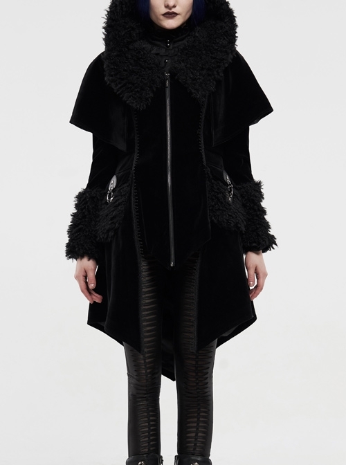 Fur Collar Small Cloak Metal Buckle Cuff Black Gothic Weft Velvet Hooded Coat