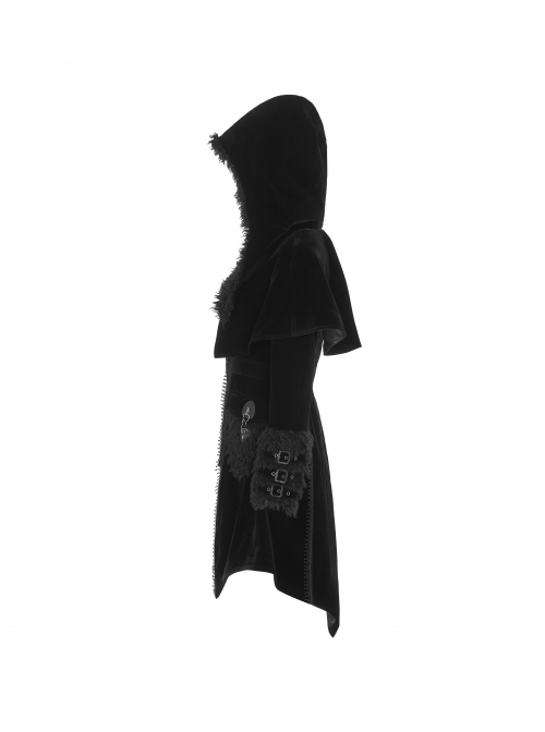 Fur Collar Small Cloak Metal Buckle Cuff Black Gothic Weft Velvet Hooded Coat