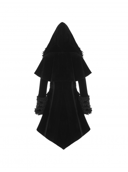 Fur Collar Small Cloak Metal Buckle Cuff Black Gothic Weft Velvet Hooded Coat