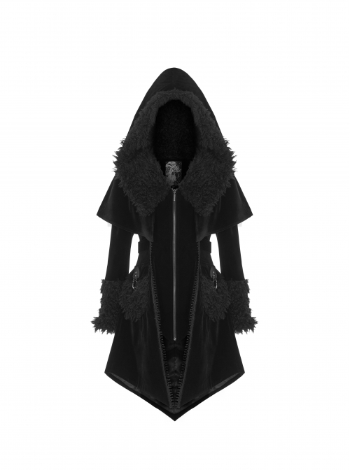 Fur Collar Small Cloak Metal Buckle Cuff Black Gothic Weft Velvet Hooded Coat