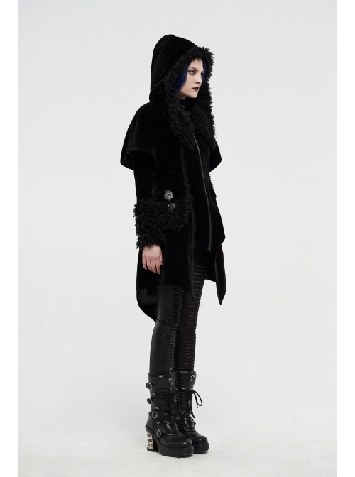 Fur Collar Small Cloak Metal Buckle Cuff Black Gothic Weft Velvet Hooded Coat