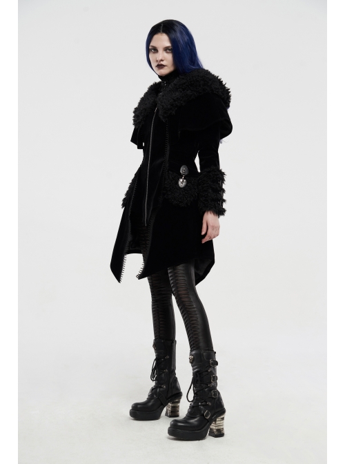 Fur Collar Small Cloak Metal Buckle Cuff Black Gothic Weft Velvet Hooded Coat