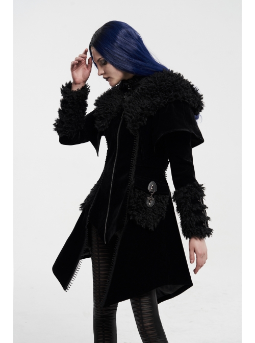 Fur Collar Small Cloak Metal Buckle Cuff Black Gothic Weft Velvet Hooded Coat