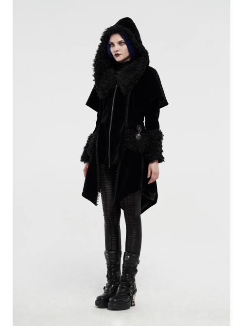 Fur Collar Small Cloak Metal Buckle Cuff Black Gothic Weft Velvet Hooded Coat