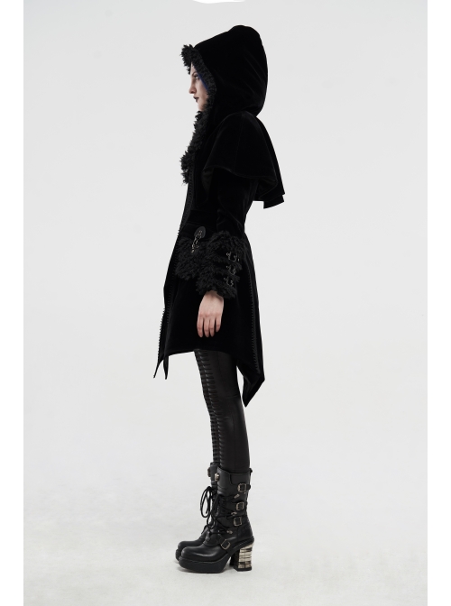 Fur Collar Small Cloak Metal Buckle Cuff Black Gothic Weft Velvet Hooded Coat
