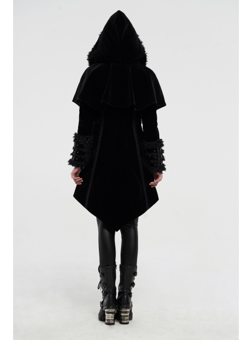 Fur Collar Small Cloak Metal Buckle Cuff Black Gothic Weft Velvet Hooded Coat
