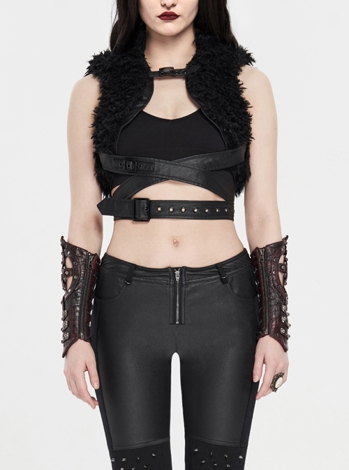 High Collar Metal Eyelets Belt Black Punk Short Wool Waistcoat