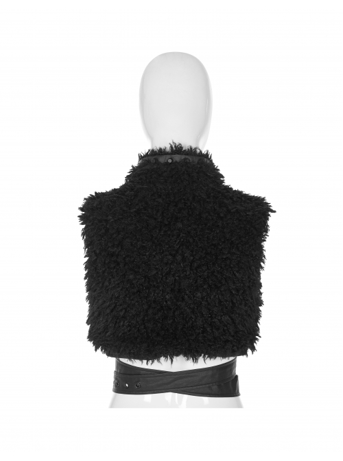 High Collar Metal Eyelets Belt Black Punk Short Wool Waistcoat