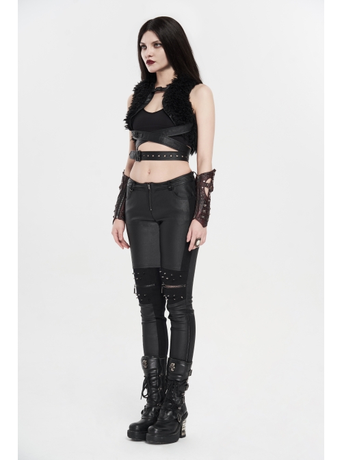 High Collar Metal Eyelets Belt Black Punk Short Wool Waistcoat
