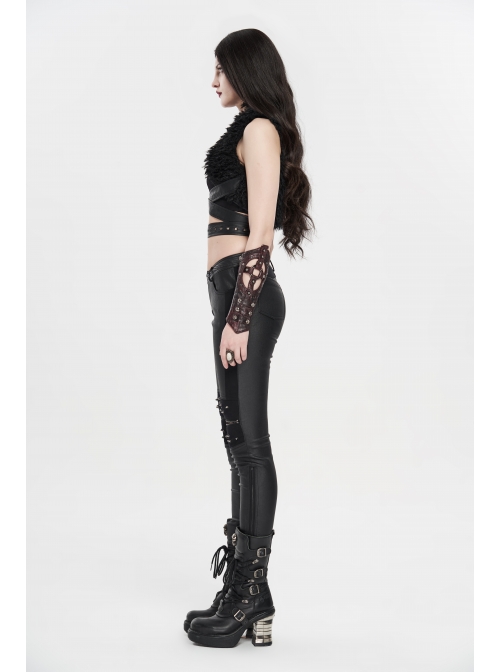High Collar Metal Eyelets Belt Black Punk Short Wool Waistcoat