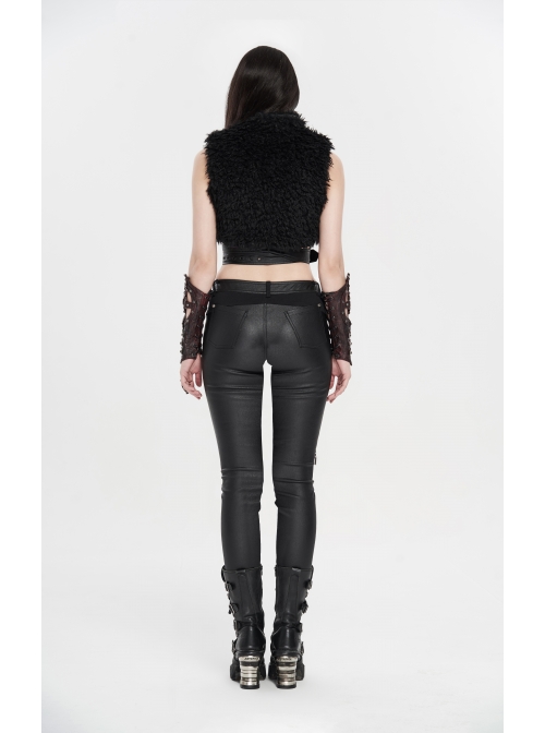 High Collar Metal Eyelets Belt Black Punk Short Wool Waistcoat