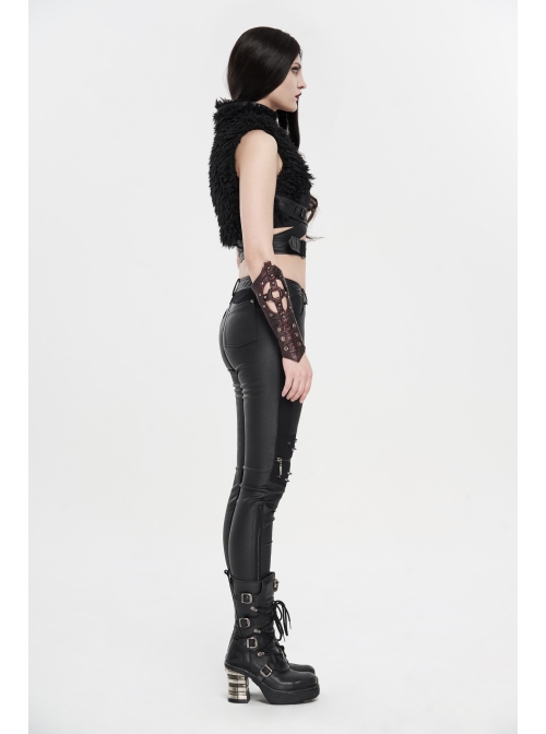 High Collar Metal Eyelets Belt Black Punk Short Wool Waistcoat