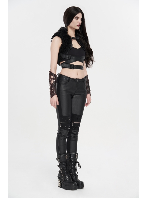 High Collar Metal Eyelets Belt Black Punk Short Wool Waistcoat