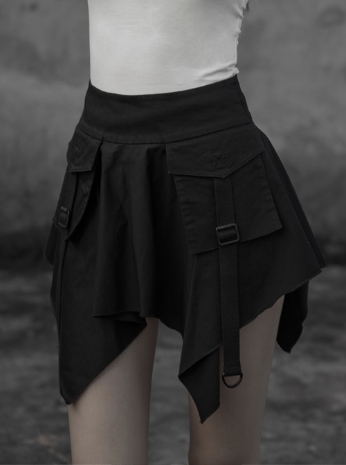 Steam Punk Female Casual Black High Waist Buckle Mini Skirt