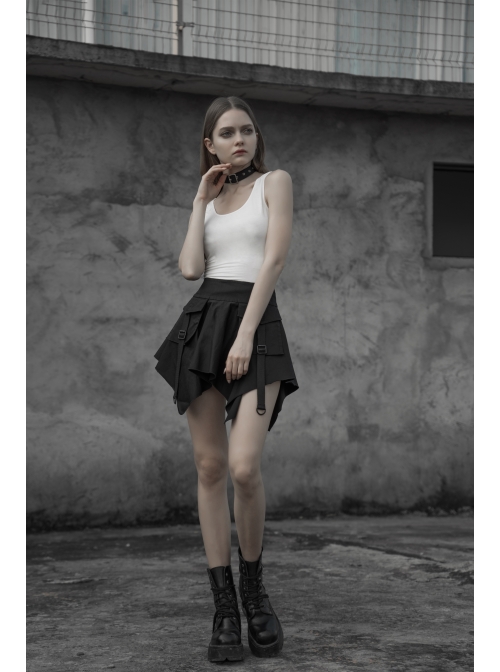 Steam Punk Female Casual Black High Waist Buckle Mini Skirt