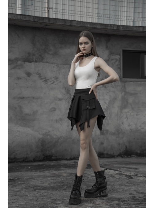 Steam Punk Female Casual Black High Waist Buckle Mini Skirt